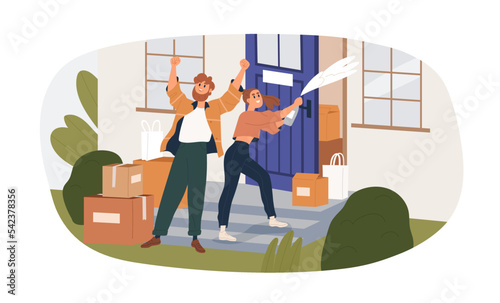 Happy love couple moved to new house. Man and woman with champagne bottle, celebrate relocation to bought home with cardboard boxes, belongings. Flat vector illustration isolated on white background