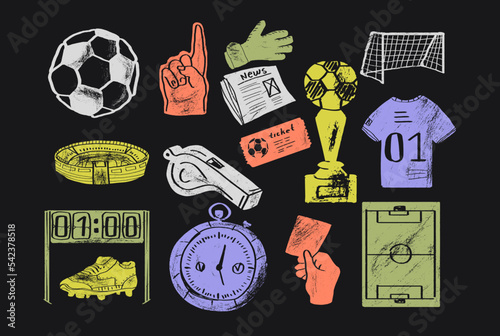Association football or soccer engraving, ink set. Vector drawing isolated on black background.