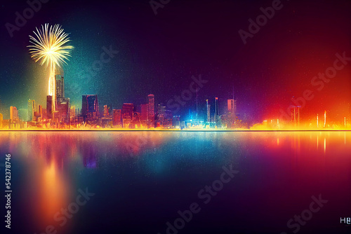 Fireworks over the night city happy new year 2023 wallpaper background. use text. photo