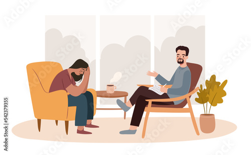 Psychologist visit concept. Depressed woman at the therapy session. Counseling.