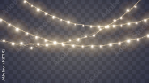 Christmas lights set. Vector New Year decorate garland with glowing light bulbs.