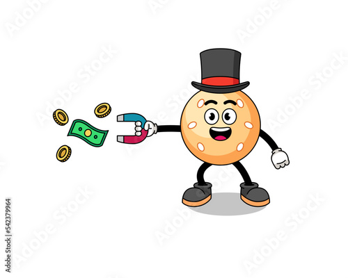 Character Illustration of sesame ball catching money with a magnet