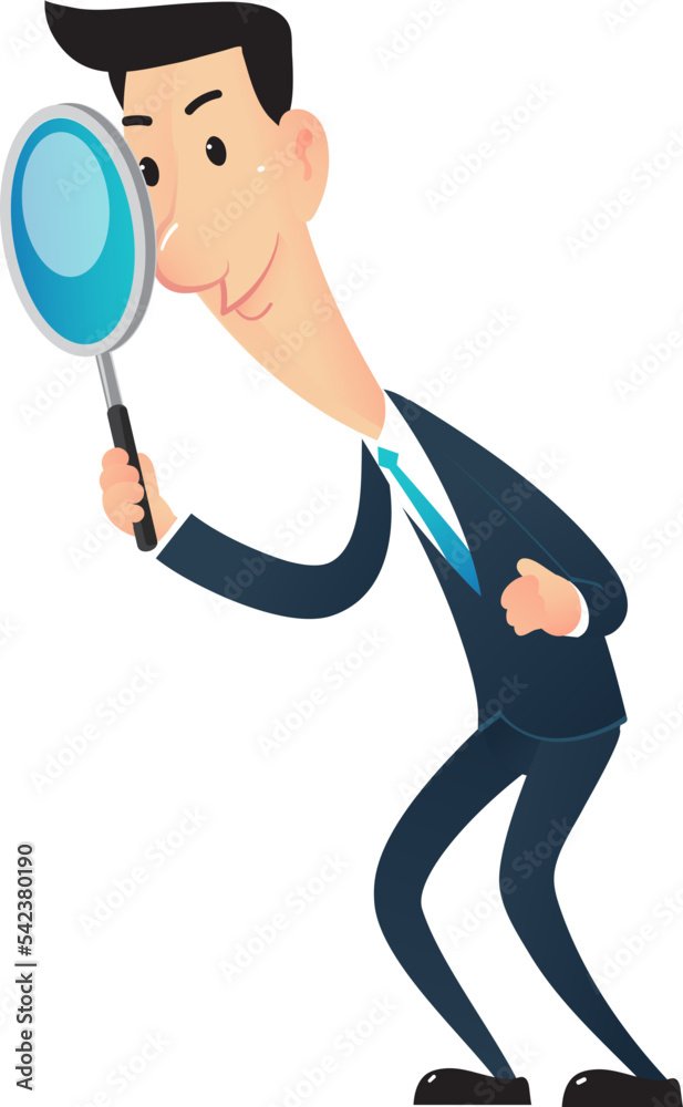 Character businessman posture looking magnifying glass. Character businessman posture looking magnifying glass.