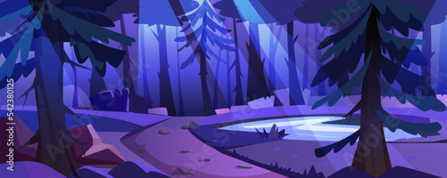 Forest landscape with pond, trees, bushes, footpath with stones in moonlight. Night nature scene with lake, path and moon rays. Vector cartoon illustration of dark natural park with glade and water.