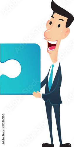 Character businessman posture holding jigsaw.