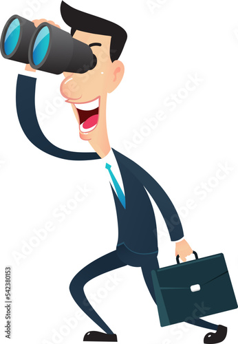 Character businessman posture looking binoculars and holding bag.