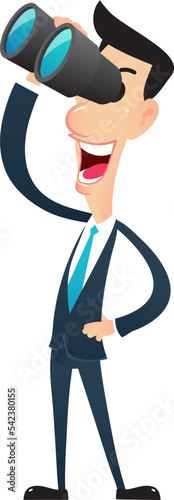 Character businessman posture looking something binoculars.