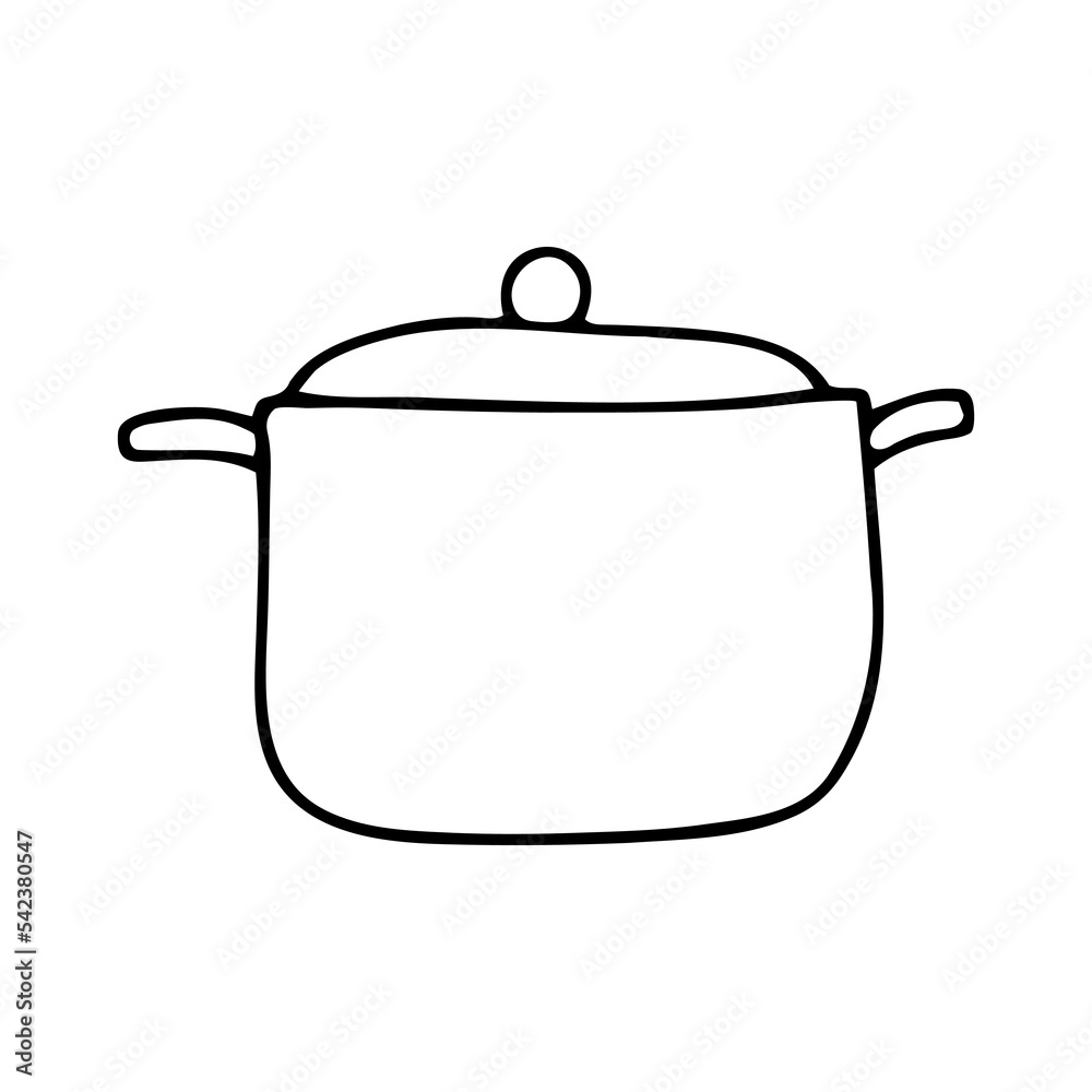 Doodle pot simple image. Outline saucepan isolated on white background. Cozy kitchen utensils, cute kitchenware, dishes for soup, cooking, broth. Vector line home, restaurant culinary illustration Doodle pot simple image. Outline saucepan isolated on white background. Cozy kitchen utensils, cute kitchenware, dishes for soup, cooking, broth. Vector line home, restaurant culinary illustration