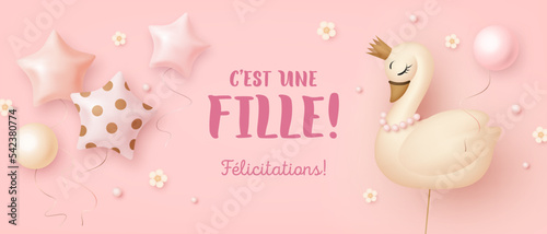 Baby shower horizontal banner with cartoon swan and helium balloons on pink background. French lettering. Translation from French It's a girl. Vector illustration