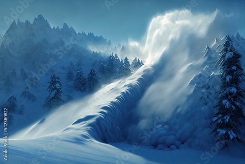 Obraz na płótnie An avalanche has fallen into the mountain, causing a powerful slide and an ice wall