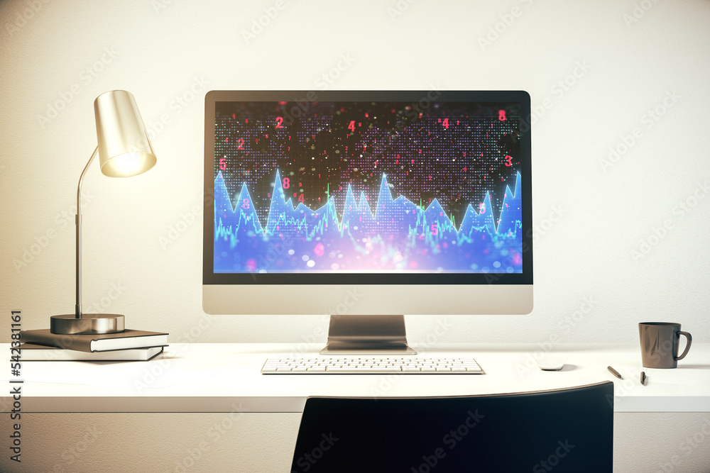 Modern computer monitor with abstract creative statistics data hologram, statistics and analytics concept. 3D Rendering