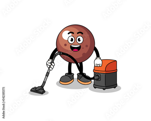Character mascot of chocolate ball holding vacuum cleaner