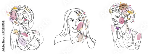Woman beauty face vector linear illustrations set, delicate line art of attractive girl portraits collection, abstract feminine drawings minimal style isolated.