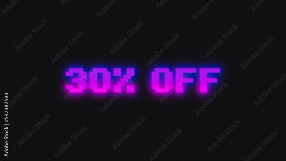 30 percent off discount sale, neon glitch banner on black background. 30 percent off discount sale, neon glitch banner on black background.