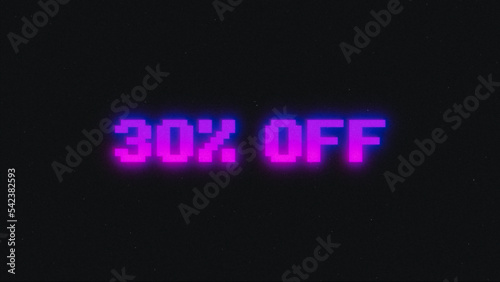 30 percent off discount sale, neon glitch banner on black background.