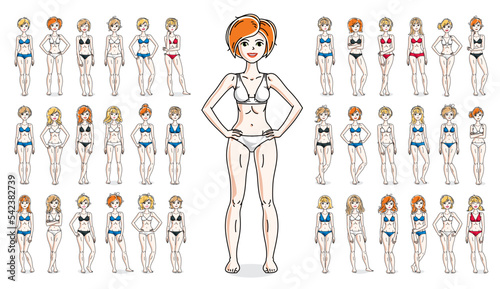 Women in bikini vector illustrations isolated on white background big set, attractive adult girls beautiful and slim curvy body cute characters standing full length, gorgeous diverse females.