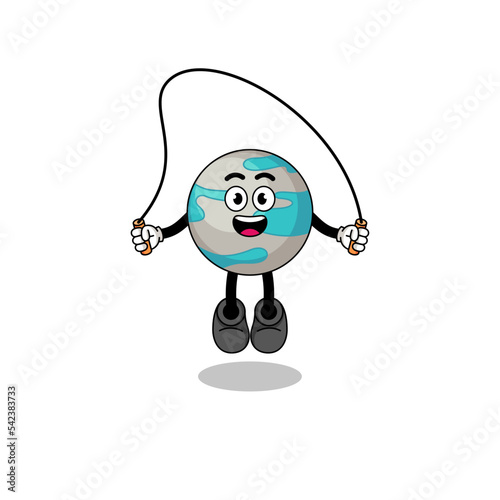 planet mascot cartoon is playing skipping rope