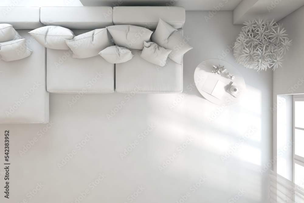Top view of living room with sofa in white color. 3D illustration