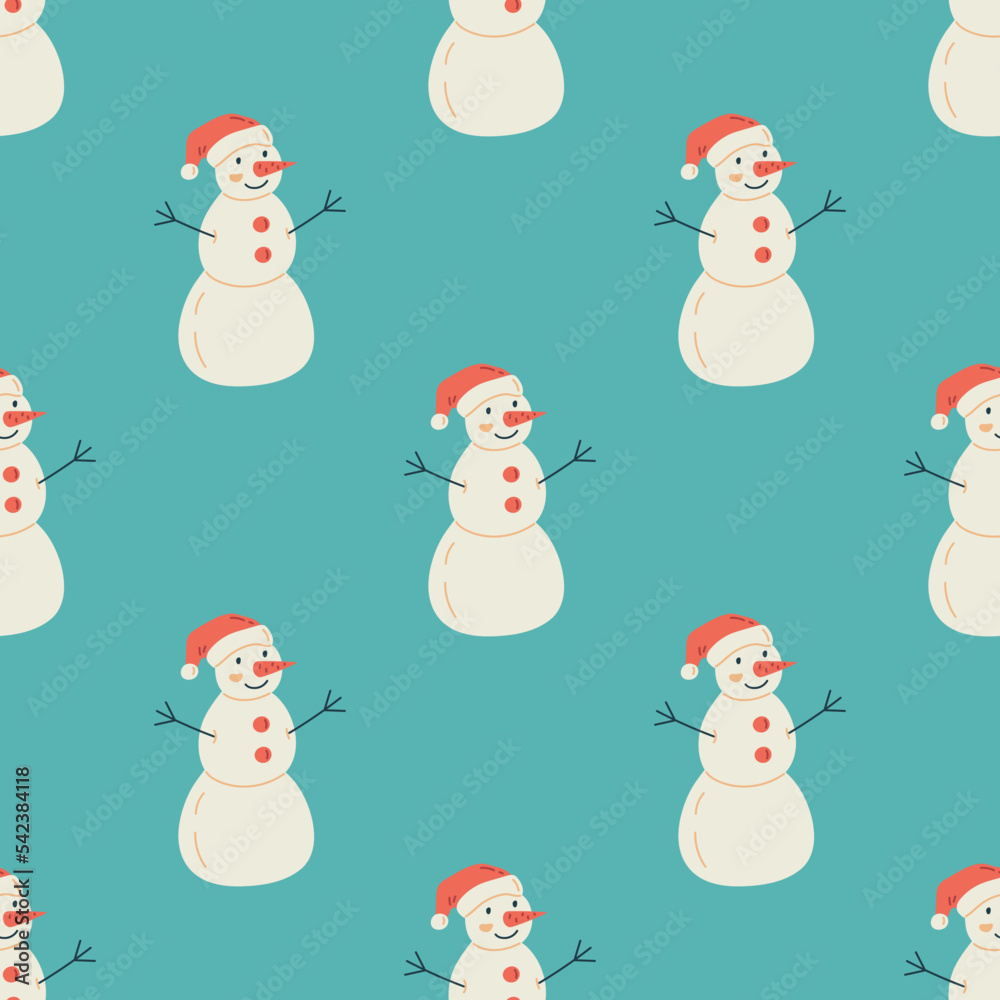 Snowman seamless pattern. Christmas collection. Flat vector illustration of a unicorn heart