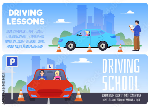 Driving school advertising banners set, flat vector illustration.