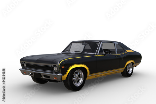 3D render of a black and yellow retro American muscle car isolated on transparent background.