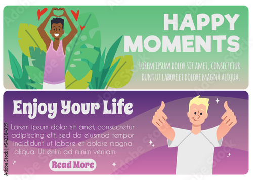 Happiness and positive lifestyle banners flat cartoon vector illustration.