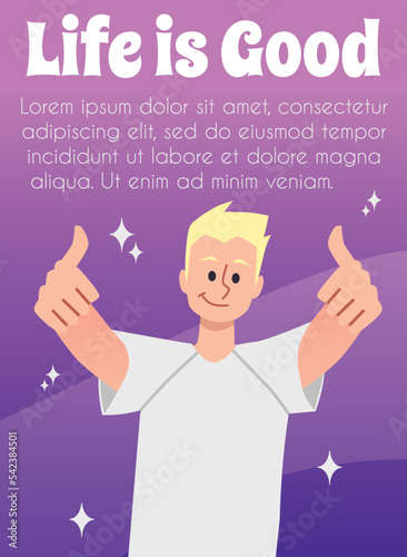 Motivational banner or poster with positive gesture, flat vector illustration.