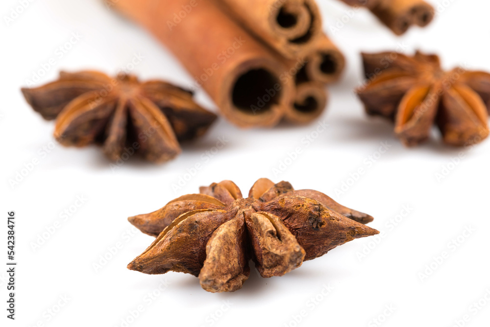 Fototapeta premium Stars anise and cinnamon isolated
