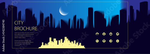 Night wide panorama simple city traveling tourist guide book. Brochure, flyer, cover, poster or guidebook template. Vector modern illustration.