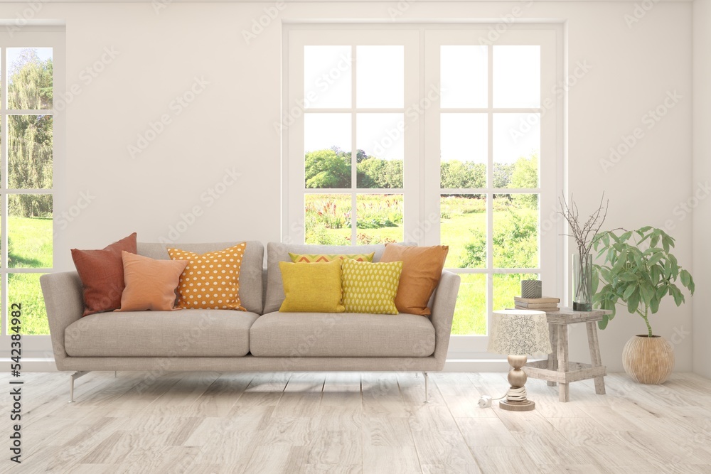White living room with sofa and summer landscape in window. Scandinavian interior design. 3D illustration White living room with sofa and summer landscape in window. Scandinavian interior design. 3D illustration