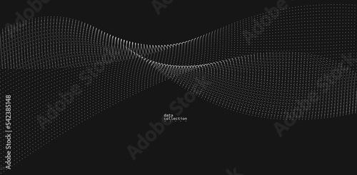 Grey abstract background, vector wave of flowing particles over black, curvy lines of dots in motion, technology and science theme, airy and ease futuristic illustration.