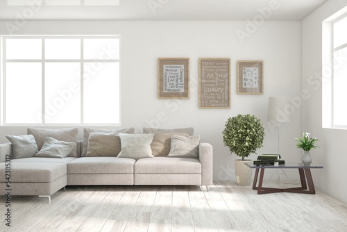 White living room with sofa. Scandinavian interior design. 3D illustration