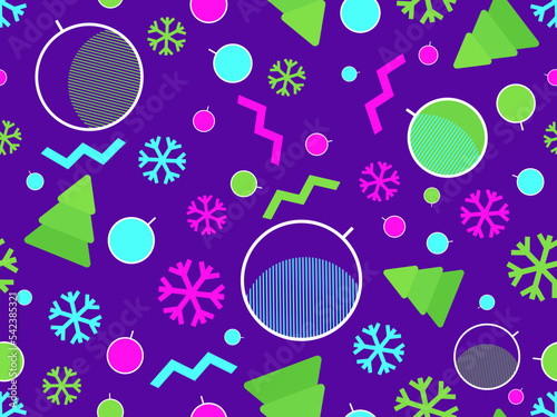Christmas memphis seamless pattern with snowflakes and christmas decorations and geometric shapes in 80s style. Festive background for greeting cards, wrapping paper and banners. Vector illustration