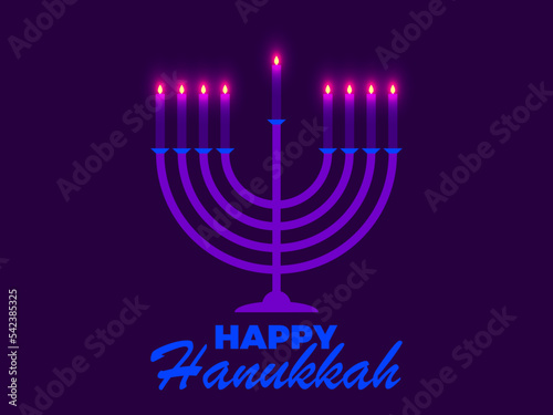 Happy Hanukkah. Menorah with nine candles is a symbol of the Jewish holiday. Light from menorah candles. Design for greeting card, banner and poster. Vector illustration