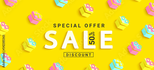 Sale inviting banner with gift boxes pattern on yellow background, Big discounts poster.Boxing day.Invitation for shopping,special offer card,template design for promotions, flyers.Vector illustration