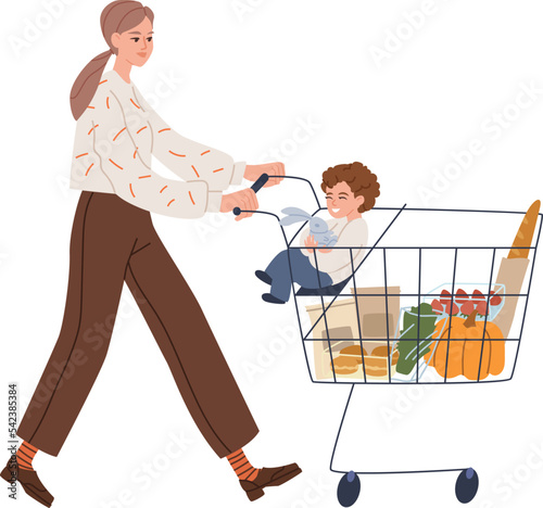 Mother and child are shopping for food. Cartoon child in a cart and a young woman go to the grocery store. Happy little boy rides in a grocery cart. Vector illustration isolated on white background.