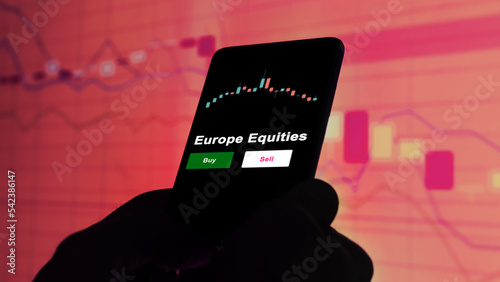 An investor's analyzing the Europe Equities etf fund on screen. A phone shows the ETF's prices midCap equity to invest photo