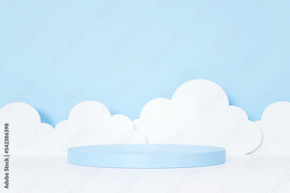 3D rendering cute pastel blue product display stand with cloud decoration. For kid, baby boy product presentation. 3D rendering cute pastel blue product display stand with cloud decoration. For kid, baby boy product presentation.