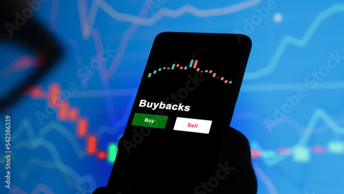 An investor's analyzing the buy backs etf fund on screen. A phone shows the ETF's prices buybacks to invest