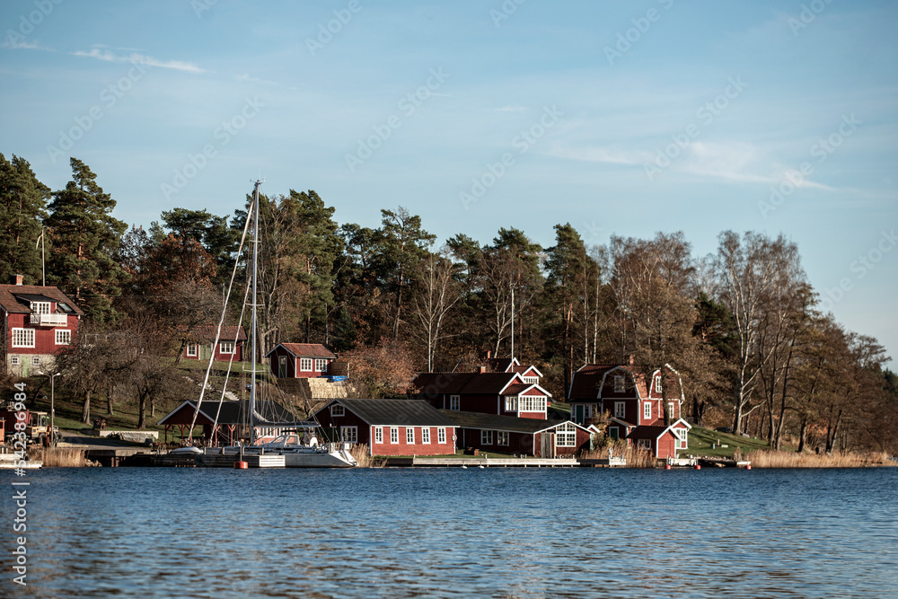 houses, boats by the sea , värmdö, sweden, sverige