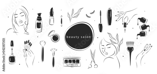 Big set of elements and icons for beauty salon.Black and white cosmetics silhouettes  set. Nail polish,  beautiful woman face,  eyelash extension, makeup, hairdressing. Vector illustrations