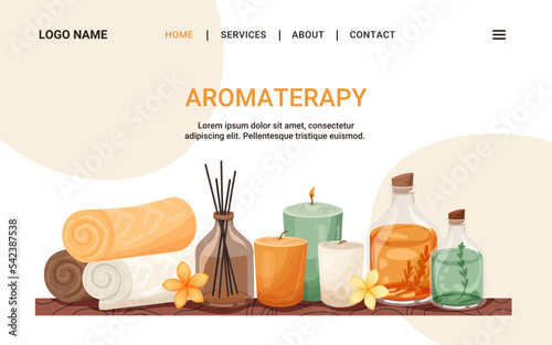 Aromatherapy design banner for spa salon website. Pile of rolled towels, candles, aroma sticks on wood shelf. Vector illustration for menu, advertising, beauty salon, cosmetic store