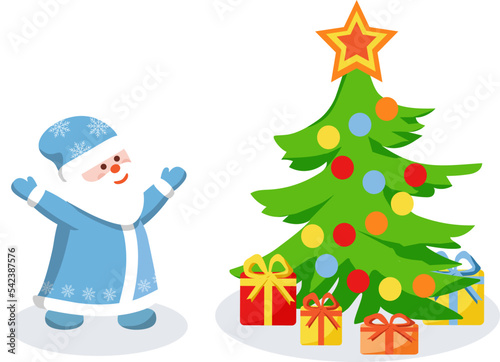 Russian Santa Claus in a blue long overcoat admires the Christmas tree. Cartoon illustration.