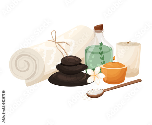 Cosmetic composition towel, hot stones, candles, glass bottle with  oil. Massage, relaxation, spa treatments concept. Vector isolated on white background