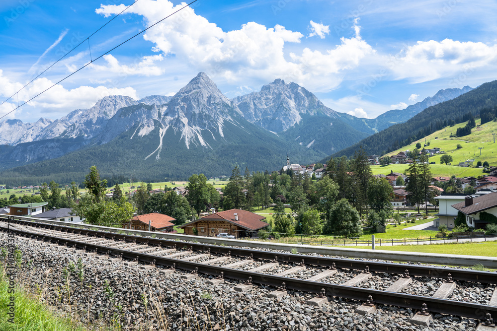 Railway with Mountain Zugspitze in the background, Ehrwald, Germany