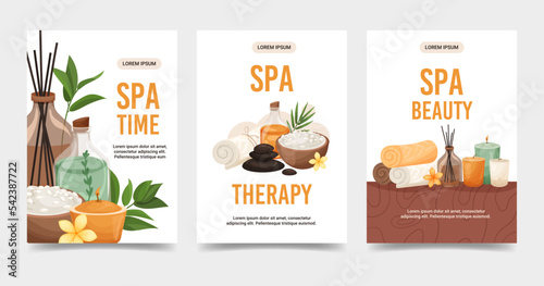 Set of Spa Treatment concept vertical flyers. Natural Cosmetics and aroma candles. Template design banner for Spa, wellness and beauty salon. Vector illustrations in cartoon style