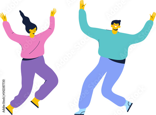 Joyful happy people jumping with raising hands