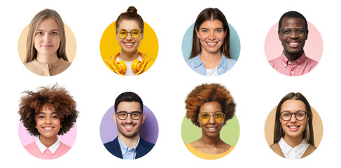 Collage of portraits and faces of group of young diverse people for userpic and profile picture