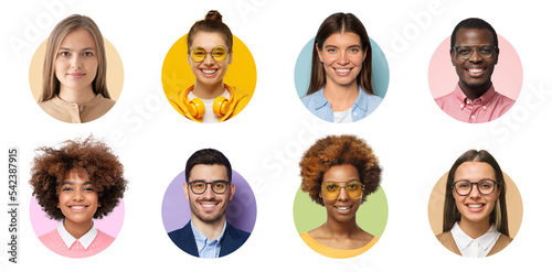 Collage of portraits and faces of group of young diverse people for userpic and profile picture