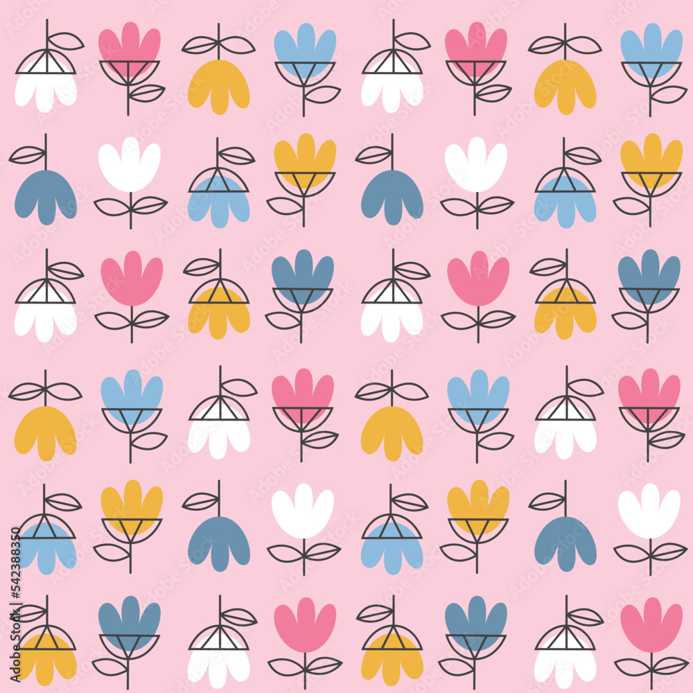 Seamless cute floral pattern with flowers, plants, branches, leaves, nature